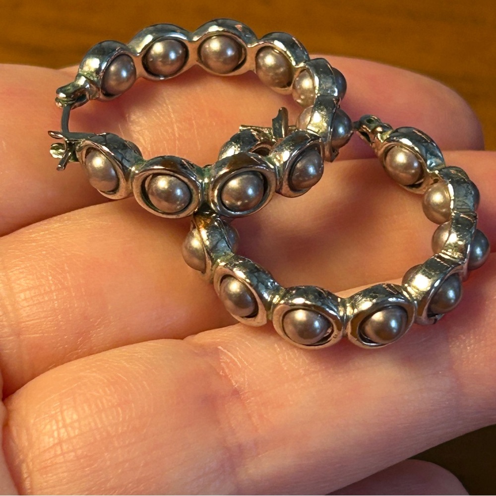LOFT Silver Tone Pearl Studded Hoop Earrings VTG